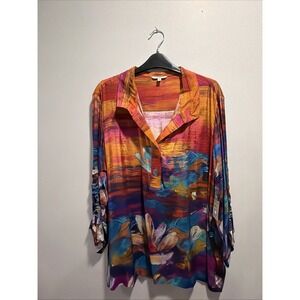 John Mark NWT 1X Mixed Floral Print Collared Neckline 3/4 Cinch Sleeve Tunic